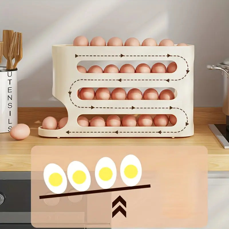 🥚 Dispensador de Huevos Deslizante 4 Niveles – Organiza, Ahorra Espacio y Toma 1 con Solo un Movimiento ✅